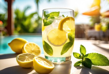 Fototapeta premium refreshing lemonade infused fresh mint leaves clear glass ice cubes bright lemon slices, beverage, drink, cool, colorful, healthy, homemade, organic, sweet