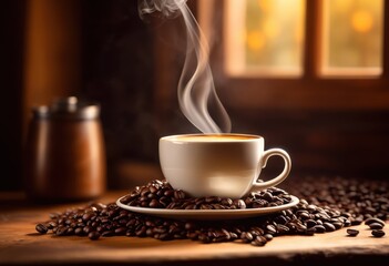 artistic arrangement coffee beans surrounding steaming cup creating cozy inviting atmosphere, beverage, warmth, aroma, drink, brown, texture, table, rustic