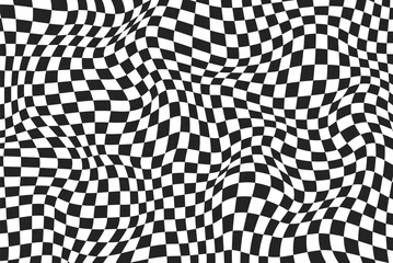 Obraz premium Distorted checkered surface. Abstract black and white background. Chessboard background with distortion effect. Album orientation. Abstract banner with distortion. Vector illustration.
