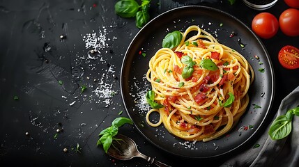 A detailed shot of spaghetti carbonara, featuring creamy sauce and crispy pancetta, on a dark rustic surface. Warm lighting emphasizing the golden hue of the pasta and the crispiness of the pancetta.