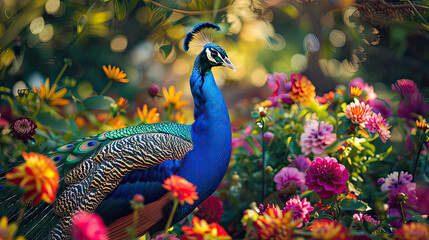 Obraz premium Peacock Flaunting Its Iridescent Feathers in a Vibrant AI Generative