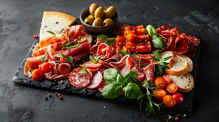 A gourmet antipasto platter with a variety of Italian cold cuts, cheeses, olives, and breadsticks, artfully placed on a dark slate board. Natural lighting creating a cozy ambiance,