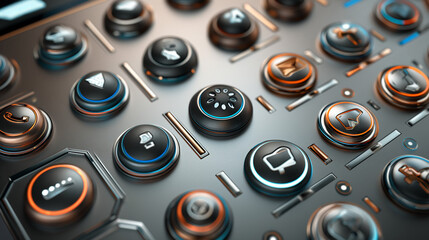 3D symbol buttons for various communication methods. Include buttons for phone calls, video calls, messaging, and email. Each button should have a sleek