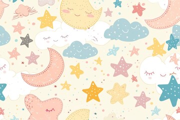 Whimsical Night Sky Pattern with Smiling Moons and Clouds