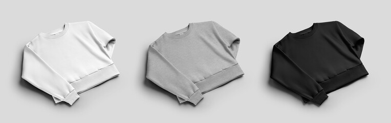 White, black, heather crop sweatshirt mockup, diagonal presentation, folded women's streetwear, for...