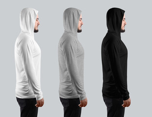 Template white, black, heather longsleeved sun protection on a man with a beard in a hood, side, textured clothing.