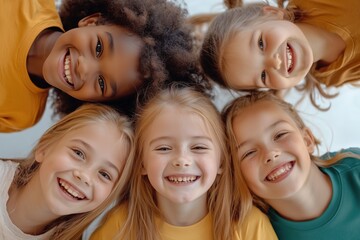 Group of diverse cheerful fun happy multiethnic children outdoors at the schoolyard	