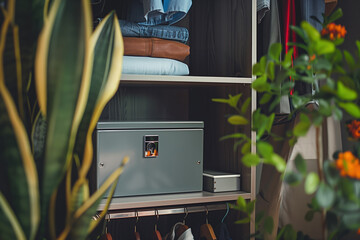 A bright minimalistic interior featuring a closed safe in a stylish space