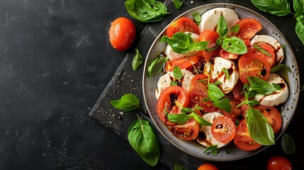 A sumptuous Caprese salad with fresh mozzarella, ripe tomatoes, and basil leaves, drizzled with balsamic glaze, served on a stylish plate on a dark background.