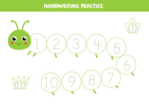 Trace numbers 1 to 10 with cute green caterpillar.