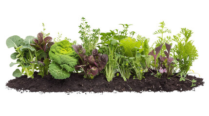 Fresh  herbs and leafy greens flourish in soil, showcasing variety of nutrient rich food isolated on white background. Eco gardening for healthy lifestyle