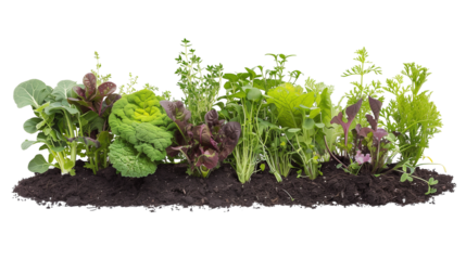 Fresh  herbs and leafy greens flourish in soil, showcasing variety of nutrient rich food isolated on white background. Eco gardening for healthy lifestyle