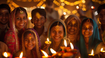 Joyful Indian family celebrates Diwali with oil lamps and smiles.