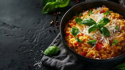 A visually appealing bowl of saffron risotto with a generous amount of shaved Parmesan and fresh herbs, placed on a dark surface. Soft lighting creating a warm and cozy ambiance,