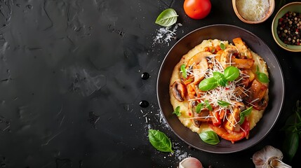 A visually appealing dish of creamy polenta with rich mushroom ragout, sprinkled with Parmesan cheese, placed on a dark surface. Soft lighting creating a warm and cozy ambiance,