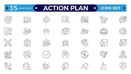 Action plan line icons collection. Business, strategy, startup, steps, target icons. UI icon set. Thin outline icon. Editable stroke outline icon. 
