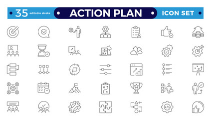 Action plan line icons collection. Business, strategy, startup, steps, target icons. UI icon set. Thin outline icon. Editable stroke outline icon. 
