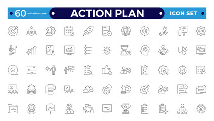 Action plan line icons collection. Business, strategy, startup, steps, target icons. UI icon set. Thin outline icon. Editable stroke outline icon. 

