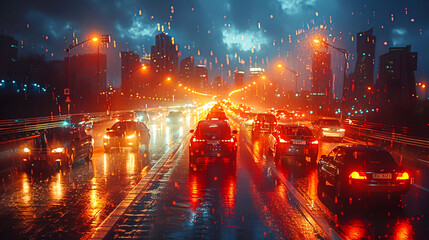 Obraz premium Urban Noir: City Freeway at Night Glowing with Headlights in Dramatic Scene
