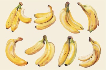 Illustration set of vibrant yellow bananas in various arrangements