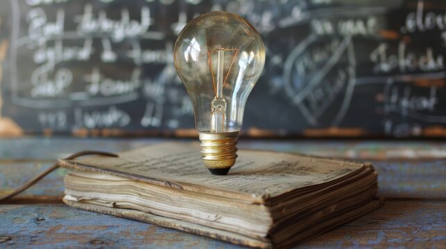 A vintage lightbulb sits atop an antique book, illuminating the pages with a warm glow.  The background is a blackboard with faded writing, adding a touch of nostalgia.