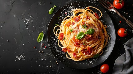 An inviting plate of spaghetti carbonara with creamy sauce and crispy pancetta, captured in a close-up on a dark surface. Soft lighting highlighting the golden pasta and crisp pancetta,