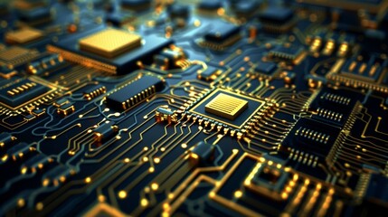 Obraz premium Close-up of a circuit board with gold-plated chips and intricate wiring, showcasing the complexity of modern technology.