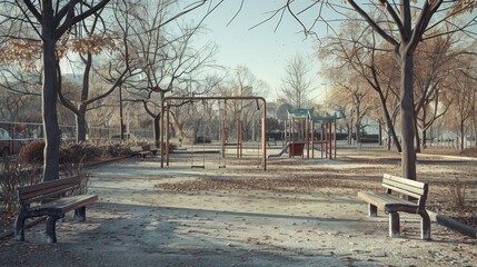 Empty playground with benches and swings in a park during the fall or winter.  The trees are bare and the ground is covered in fallen leaves.