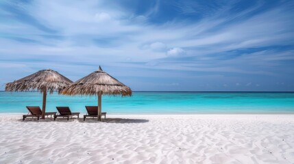 Beach resort cabanas and lounge chairs on the sand