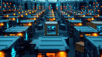 A busy logistics hub with holographic interfaces and augmented reality aids