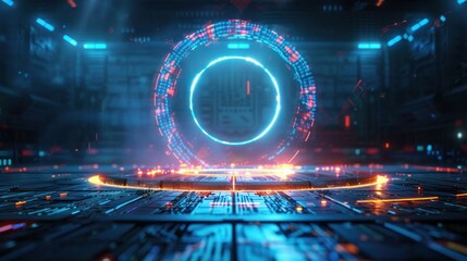 Obraz premium Futuristic Digital Portal with Neon Lights in a High-Tech Sci-Fi Environment