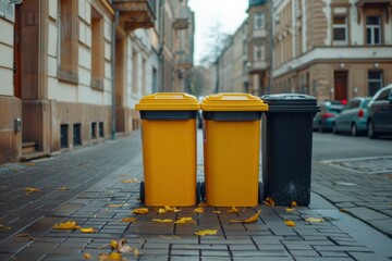 Three Recycling Bins on a City Street with Fallen Leaves