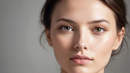 Fototapeta premium woman's face with beautiful, luminous skin. The soft, warm lighting highlights her flawless complexion