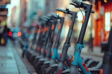 Fototapeta premium Electric scooters parked in a row on a street in a European city, close up view