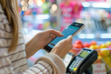 Woman using mobile payment technology at a checkout counter in a busy retail store