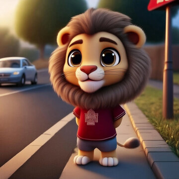 빨간 셔츠를 입고 도로에 귀여운 사자의 만화 avtar, 와이드 이미지