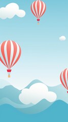 Fototapeta premium Hot air balloons glide gracefully over tranquil mountains, creating a beautiful contrast against the bright blue sky and fluffy clouds
