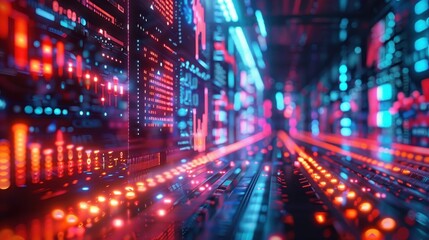 Fototapeta premium Futuristic Data Center with Vibrant Neon Lights and High-Tech Digital Interfaces in a Modern Server Room