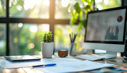 Modern workspace with computer displaying charts, tablet, documents, and potted plant on a sunny day.