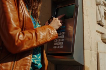 Obraz premium Woman Using an ATM Machine