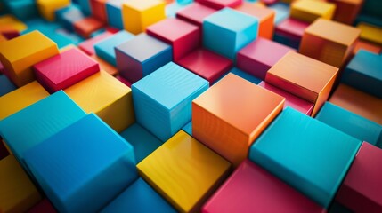 Obraz premium Abstract background of colorful cubes in various shades of blue, red, yellow, and orange.