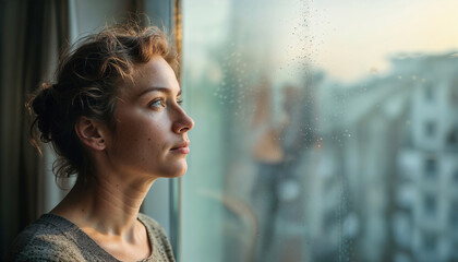 Thoughtful mature woman with tired eyes looking through window feeling sad, lonely and depressed. - Powered by Adobe