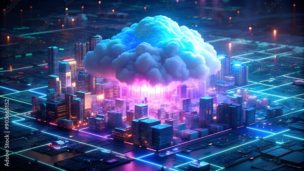 Poster Technology Networking and Digital Communication Concept – Cloud Computing, Web Storage, AI, and Global Social Media with Futuristic Binary Background