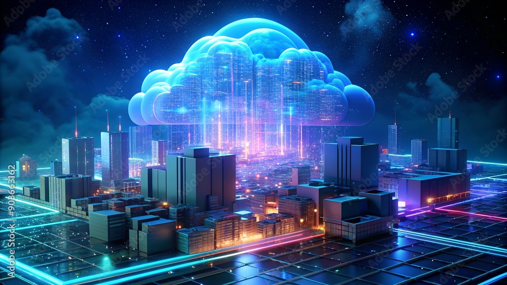 Poster Technology Networking and Digital Communication Concept – Cloud Computing, Web Storage, AI, and Global Social Media with Futuristic Binary Background