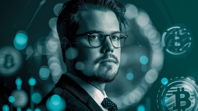 Portrait of an adult man posing against a dark background with stock symbols floating around. The banker analyzes the rise and fall. Double exposure. Business, finance concept. - Powered by Adobe