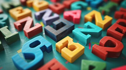 Colorful wooden alphabet blocks scattered on a green background.