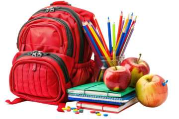 Red Backpack with Colorful Pencils, Apples, and School Supplies on White Background