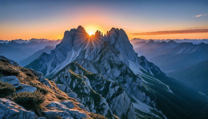 Sunrise over majestic mountain peaks. Scenic alpine landscape with dramatic sky, rocky slopes and stunning mountain view.