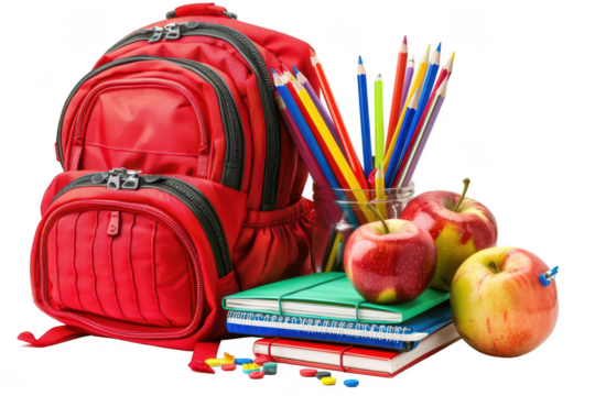 Red Backpack with Colorful Pencils, Apples, and School Supplies on White Background