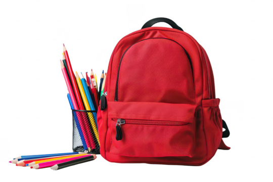 Red Backpack with Color Pencils in a Mesh Cup on White Background for School or Art